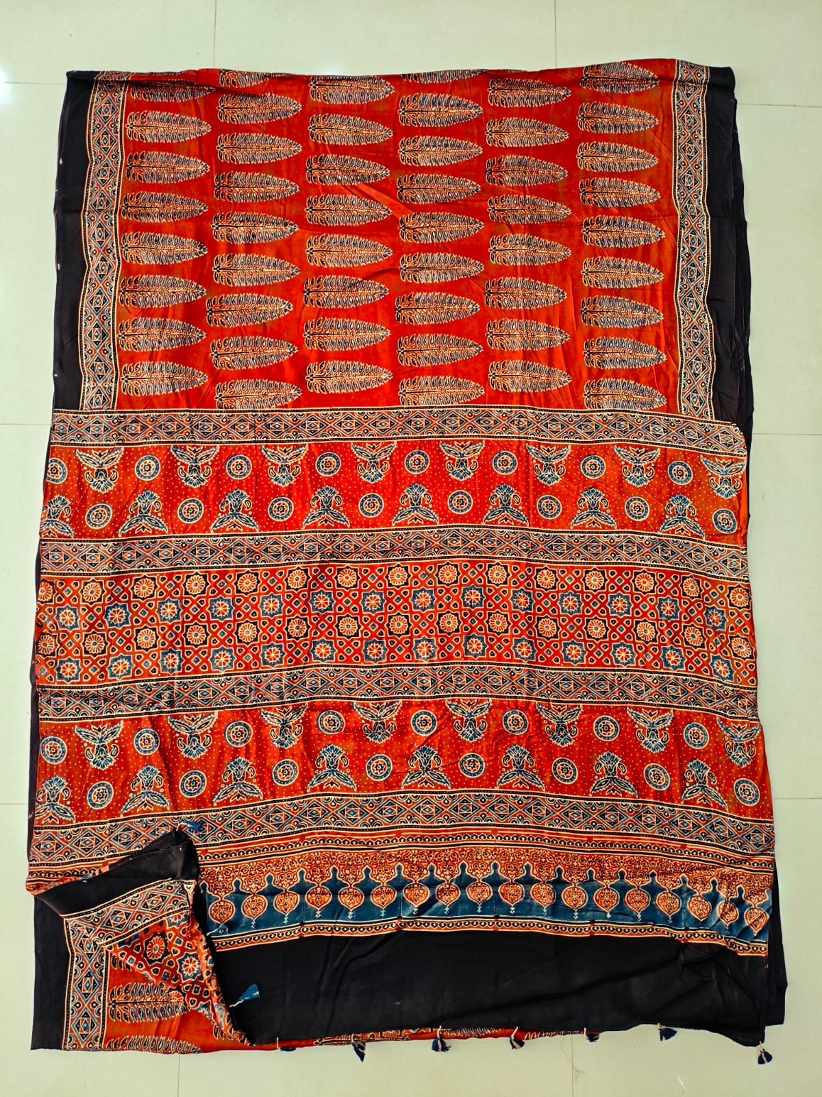Indigo Desi Print Ajrakh Handblock Printed Modal Silk Saree – Authentic Rajasthan Gujarat Craftsmanship